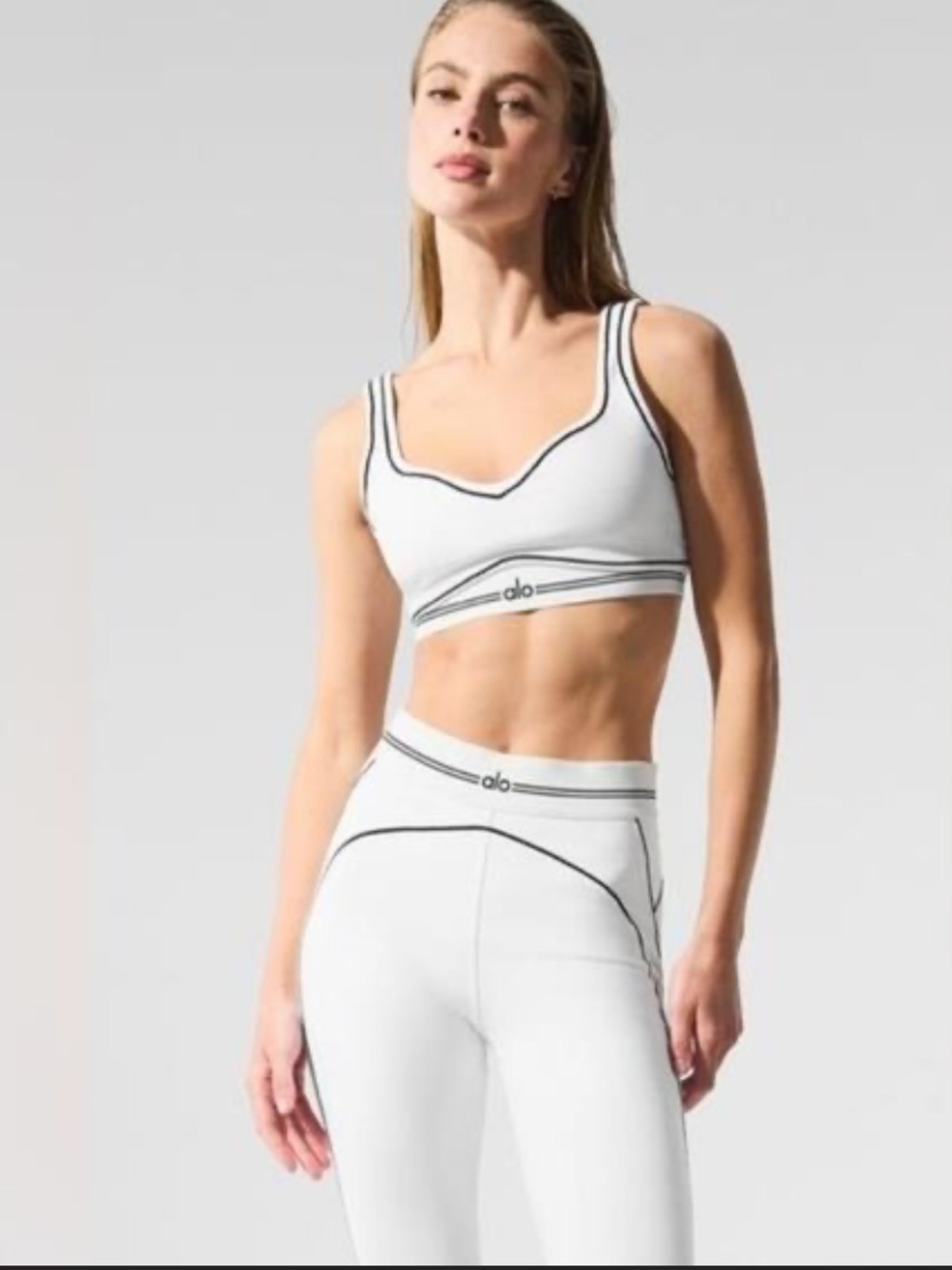 LIKE NEW ALO Yoga HEARTTHROB Bra and Leggings Set with White w/Black Trim